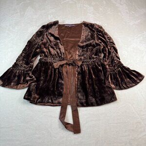 Hale Bob Brown Crushed Velvet Silk Womens Jacket Small Ribbon Boho Velour